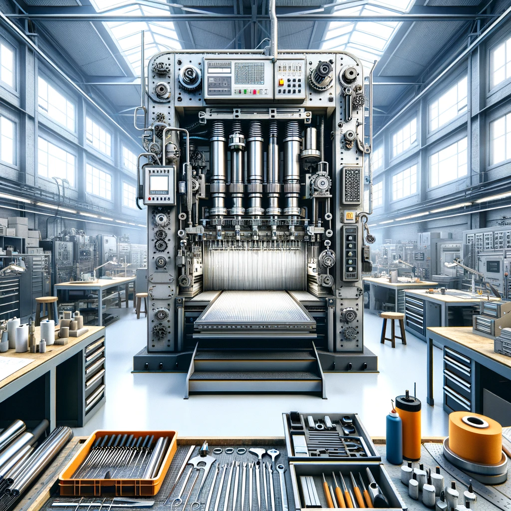 A generic industrial finishing machine centered in a professional workshop environment, surrounded by neatly organized tools and supplies.