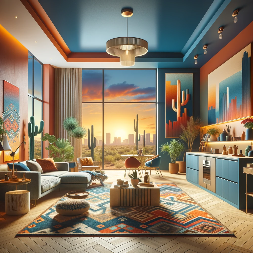 Modern living room in Phoenix showcasing 2024 painting and finishing trends, featuring bold colors, eco-friendly materials, and textured finishes, with a view of the sunny landscape.